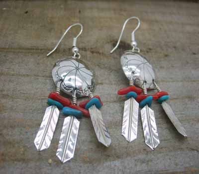 American Indian Silver War Shield Earrings Turquoise Coral